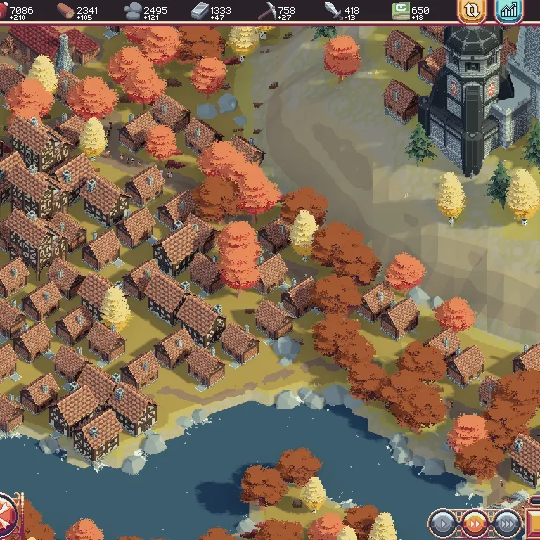 Isometric pixel-art town in an autumn landscape, with dense rows of wooden houses, orange and yellow trees, a nearby lake shoreline, and a tall stone tower overlooking the settlement.