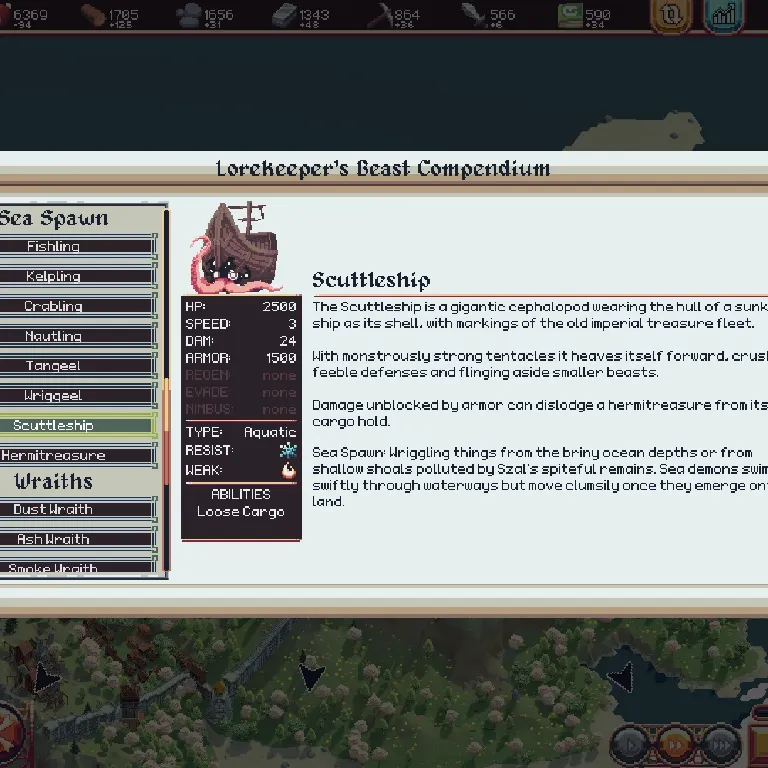 Pixel-art enemy bestiary page displaying creature stats, traits, and lore from a fantasy strategy game.