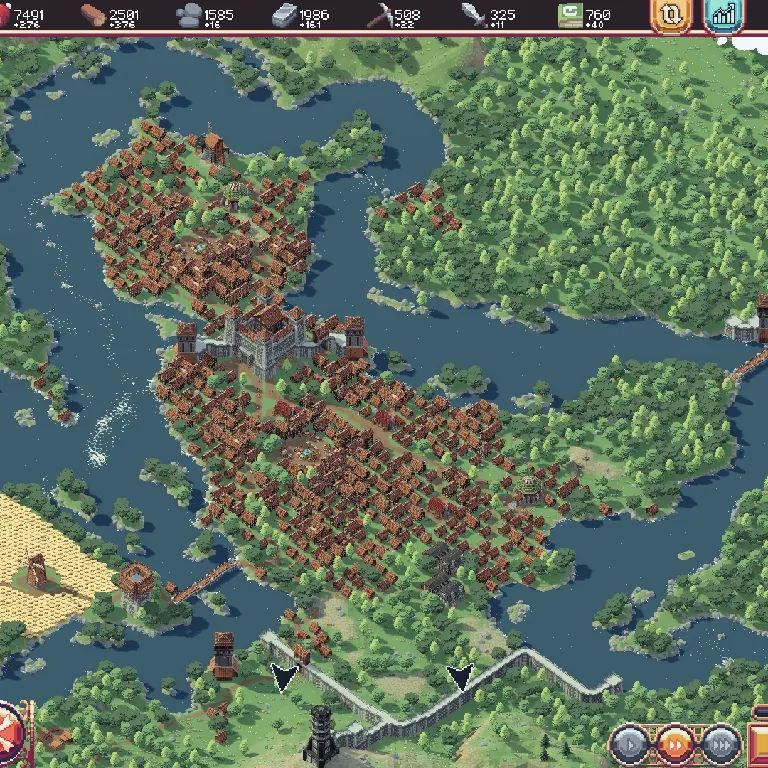 Large pixel-art rivers winding around a densely built medieval city with stone walls, towers, and bridges, surrounded by lush green forests and scattered farmlands.