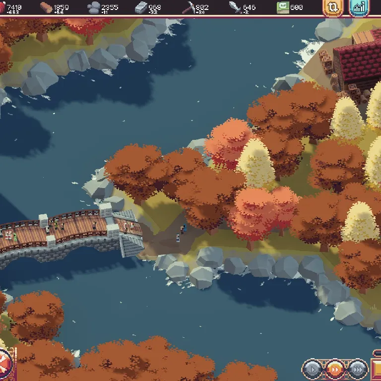 Pixel-art wooden bridge crossing over a deep blue river, surrounded by rocky shores and vibrant autumn trees in orange, red, and pale yellow.