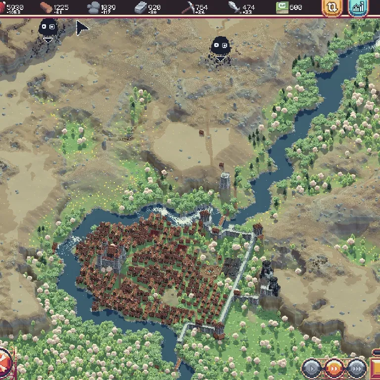 Isometric pixel-art desert landscape with a walled city built along a winding river, surrounded by sparse vegetation