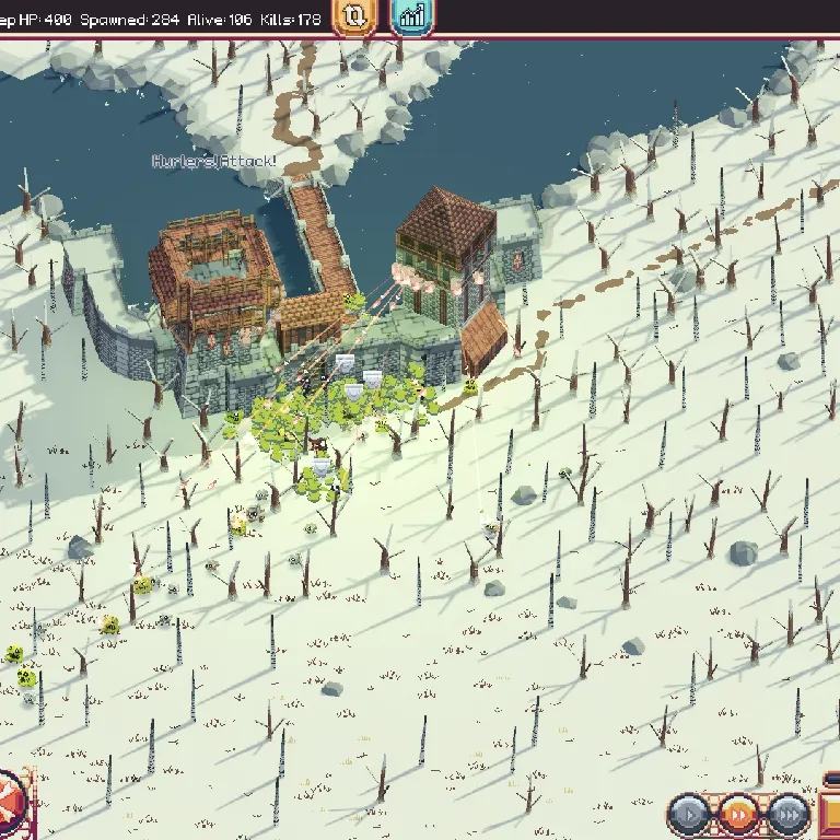 Pixel-art snowy battlefield showing a fortified riverside outpost under attack, with defenders firing arrows from stone walls as leafless trees cast long shadows across the winter landscape.