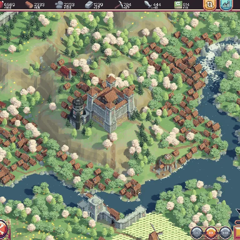 Isometric pixel-art hilltop castle overlooking a river valley, surrounded by dense clusters of small homes, blooming pink trees, stone watchtowers, and forested cliffs.