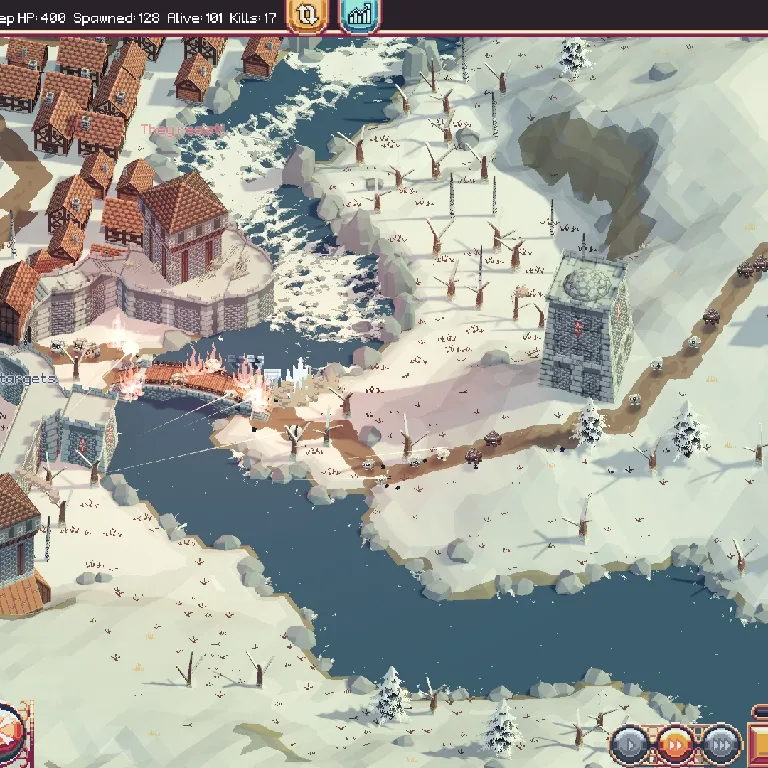 Pixel-art winter battle scene showing defenders firing flaming arrows across a snowy bridge as enemies advance along a frozen riverside path, with stone towers and icy water surrounding the combat zone.