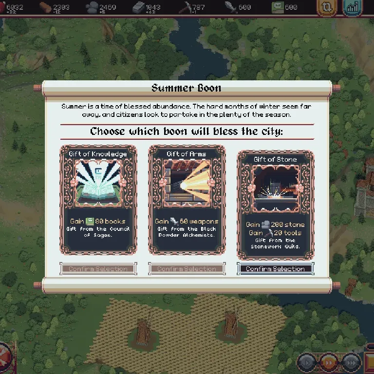 Pixel-art game interface displaying a ‘Summer Boon’ choice menu with three reward cards—Gift of Knowledge, Gift of Arms, and Gift of Stone—each offering different bonuses for the city.